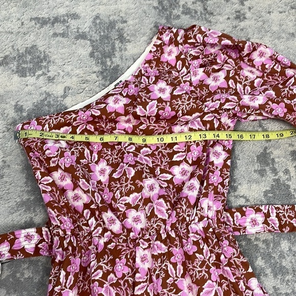 New Jason Wu One Shoulder Puff Sleeve Floral Belted Mini Dress Pink Tan XS - Picture 9 of 13